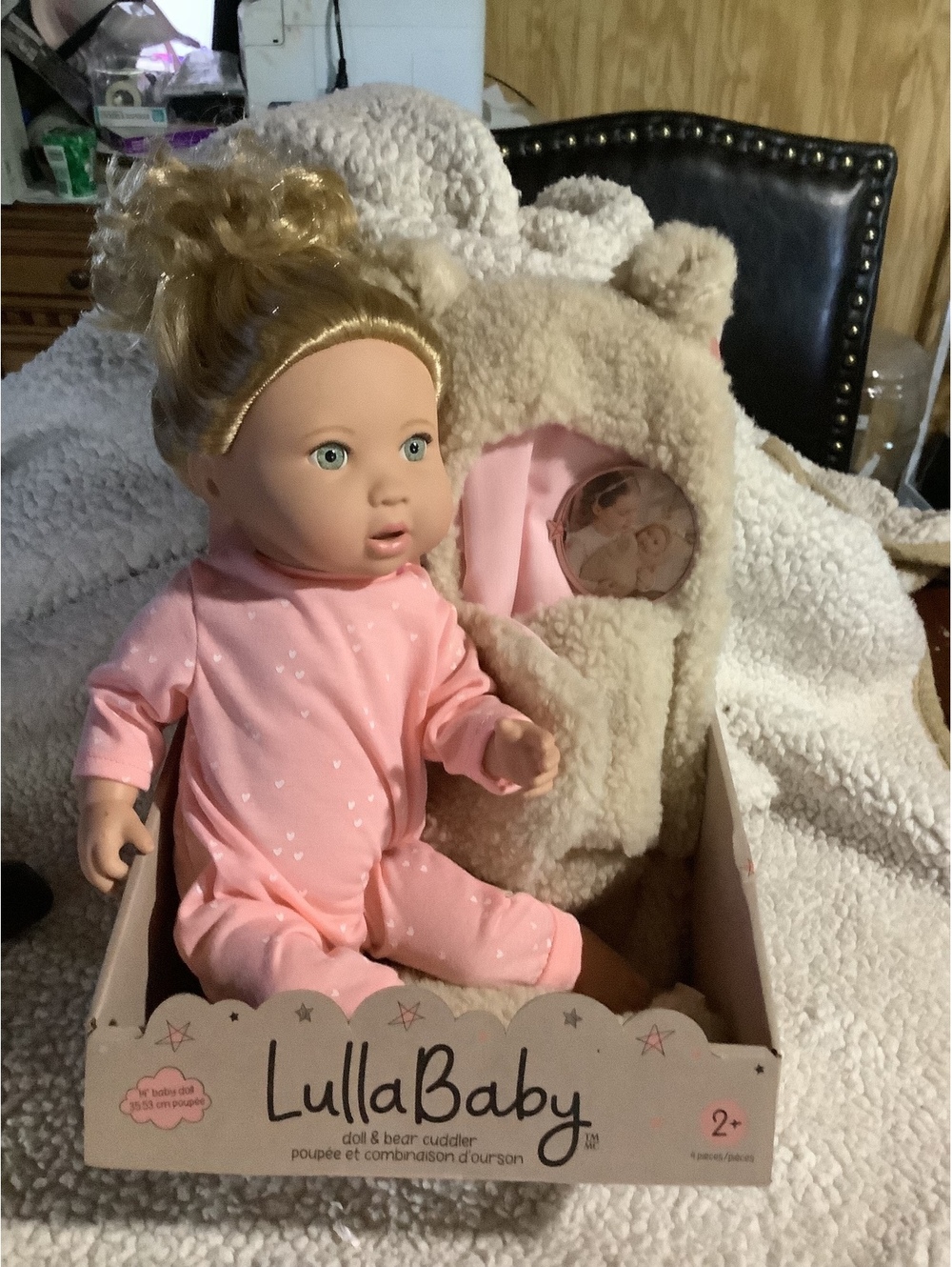 LullaBaby Doll & Bear Cuddler Set with Pink Pajamas and Bear Cuddle Wrap